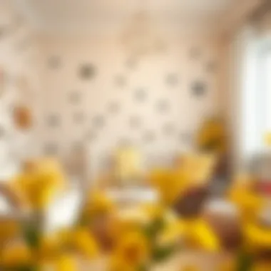 Bee-Themed Nursery Aesthetics A vibrant bee-themed nursery showcasing artistic wall decals and soft furnishings.