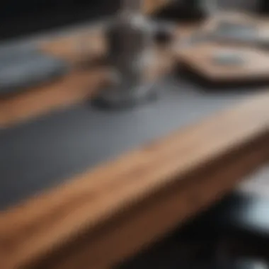 Close-up of desk materials showcasing wood and metal finishes