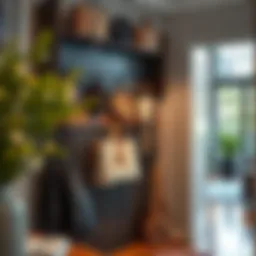 A stylish entryway featuring large hanging hooks for keys and bags