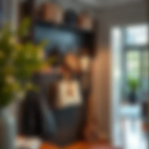 Stylish Entryway Organization A stylish entryway featuring large hanging hooks for keys and bags