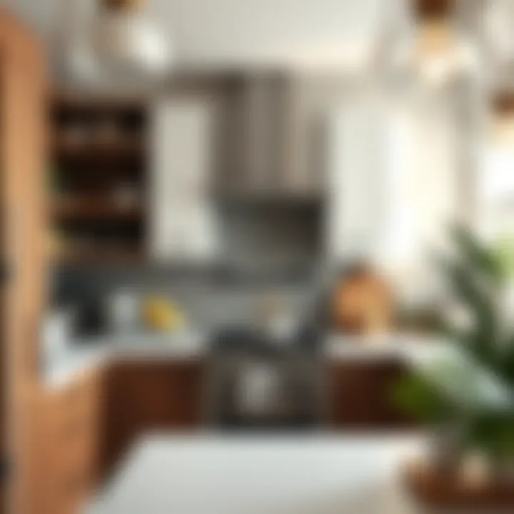 A modern kitchen showcasing large hanging hooks for pots and utensils