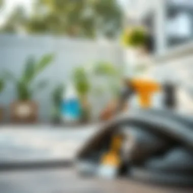 Maintenance tips for gray patio rugs displayed with cleaning tools