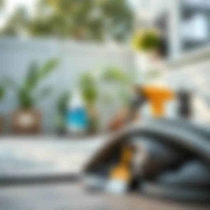 Maintenance tips for gray patio rugs displayed with cleaning tools