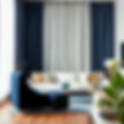 Elegant navy blue and white curtain design in a modern living room setting