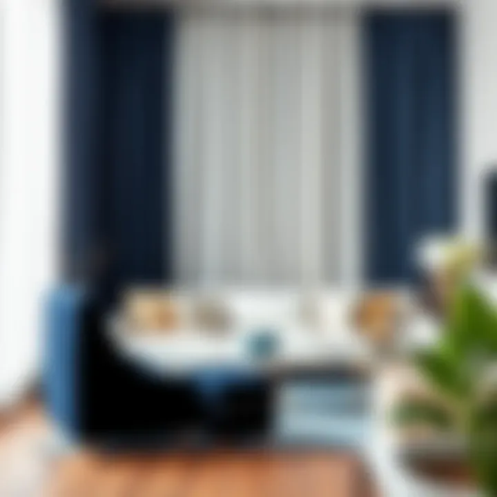 Modern Living Room Elegance Elegant navy blue and white curtain design in a modern living room setting