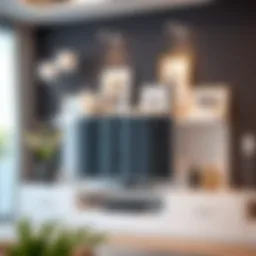 Stylish arrangement of decorative items on a TV shelf