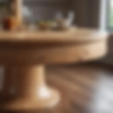 Close-up of the pedestal base of a round wood dining table