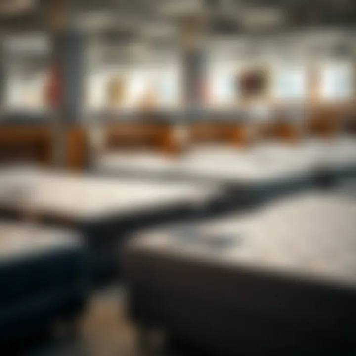 Different types of queen size mattresses displayed in a retail environment.