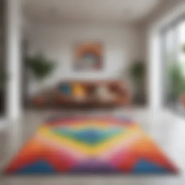 Vibrant rainbow geometric rug showcased in a modern living room setting.