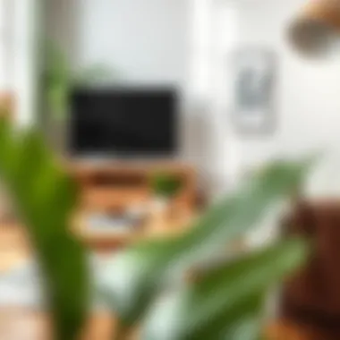 Modern wooden plant table in a bright living room