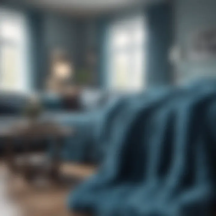 Stylish interior featuring blue fluffy blanket as decor