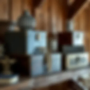 Vintage-inspired decorative boxes arranged on a rustic shelf