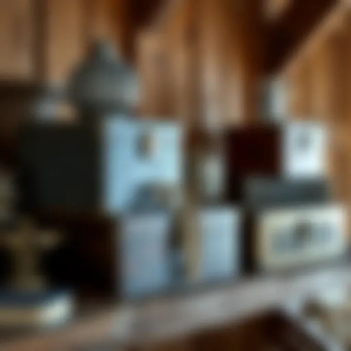 Vintage-inspired decorative boxes arranged on a rustic shelf