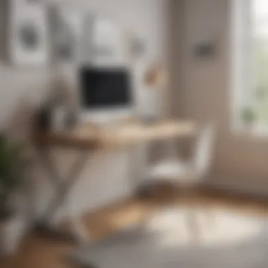 A modern standing corner desk in a stylish home office