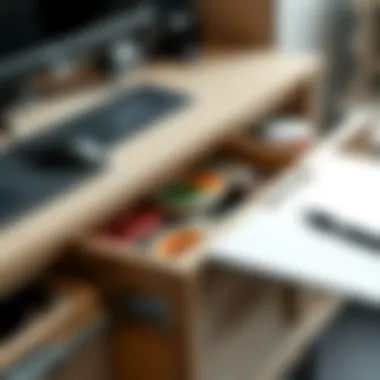 Close-up of desk drawer revealing organized office supplies