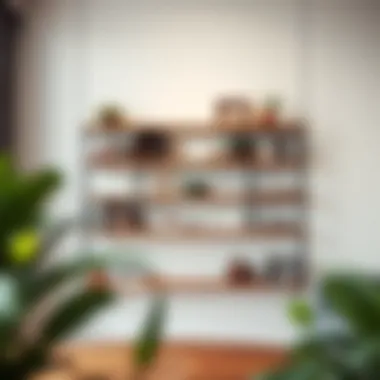 A modern hanging shelf displaying a curated selection of books and decorative items.