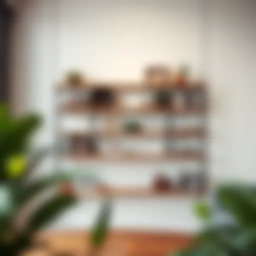 A modern hanging shelf displaying a curated selection of books and decorative items.