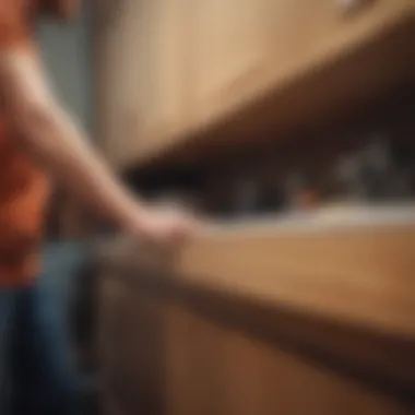 Detailed view of a master installer working on precise cabinet alignment