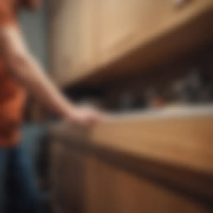 Detailed view of a master installer working on precise cabinet alignment