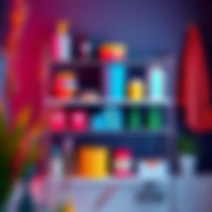 Colorful organizational elements on a three-tier bathroom shelf